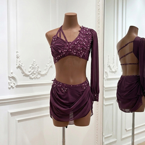 Costume de danse lyrique Plum, manches longues, strass, 2 pièces, moderne, jazz, compétition, performance, vêtements de danse pour femmes et filles - Product Image 1