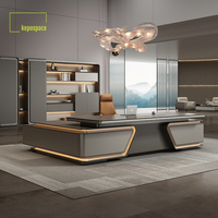 Bureau de direction moderne de haute qualité en forme de L, bureau de patron, bureau de direction de luxe en bois avec bandes LED