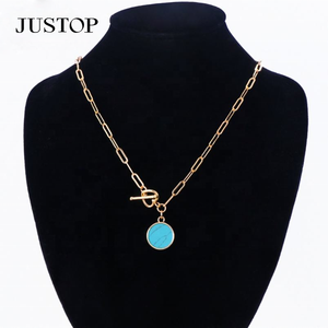 Collar de Moda con Colgante de Moneda Turquesa y Cadena de Eslabones con Hebilla en Forma de Corazón, Chapado en Rodio, de Acero Inoxidable Ecológico para Mujer - Product Image 5