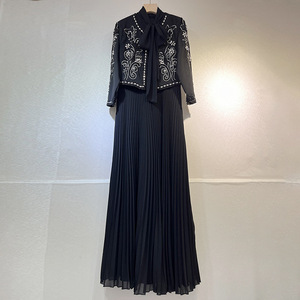 Vintage Palace lourd broderie diamant deux pièces ensemble 2025 nouveau haut brodé coupe ajustée à manches longues robe ensemble pour les femmes automne - Product Image 6