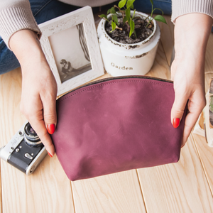 Bolsa de cosméticos con asa impermeable de alta calidad con cremallera Crazy Horse Leather Make Up Pouch Case Leather Makeup Cosmetic Bag - Product Image 1