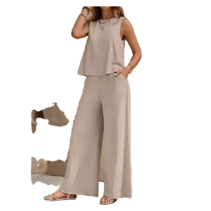 Conjunto de Dos Piezas para <span class=keywords><strong>Mujer</strong></span>, Estilo Casual, Color Sólido, Cuello Redondo, Camiseta Holgada y Pantalones Anchos, Tallas <span class=keywords><strong>XS</strong></span>-2XL, Éxito de Ventas en Europa y Estados Unidos 2026 - Product Image 1