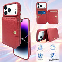 Dompet Kulit PU Motif Leci untuk IPhone18, Model Flip Back dengan Tempat Kartu Ganda dan Kancing Tekan, Tahan Banting