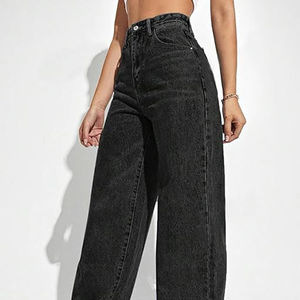 Gran oferta, pantalones vaqueros negros para mujer, moda de hip-hop, ropa de calle informal, pierna ancha, pantalones vaqueros lavados sueltos, pantalones transpirables - Product Image 1