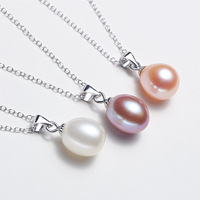 Mutiara Air Tawar Alami 8-11mm dengan Kalung Liontin Rantai Perak 925 Ungu Merah Muda Putih Kilau Kuat untuk Wanita