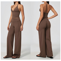 Pakaian Yoga Solid Berbahan Halus dengan Kerah V Dalam Model Halter, Menyerap Keringat, Bernapas, Bergaya, Set 2 Potong, Pakaian Aktif