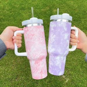 H2.0 de 40 oz, Gobelet isotherme en acier inoxydable imprimé motif pêche, style tie-dye océan, avec poignée et pailles, pour bière et eau - Product Image 1