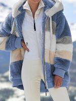 Manteau ample à capuche avec poche zippée en patchwork chaud et doux pour femmes, automne/hiver