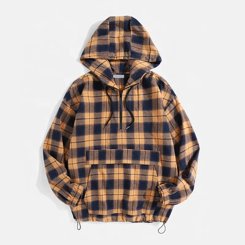 Vintage Soft Super dry Custom Plaid Stripe Half Zip Drawcord Hem Knitted Breathable Double Layer Cotton Casual Hoodie