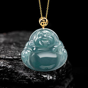 หยกธรรมชาติสีน้ำเงินหยกพระพุทธรูปจี้ทอง 18K ฝังทองคำ สร้อยคอเครื่องประดับชั้นดี ศาสนาพุทธ D231 - Product Image 1