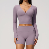 Ensemble de tenue de fitness avec ceinture double couche froncée, contrôle du ventre, effet push-up, haut de yoga à manches longues pour la course et le sport 4208