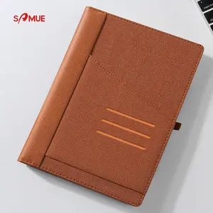 Personalized notebook and pen factory supply office use lined leather cover PU notebook with business card and phone pocket