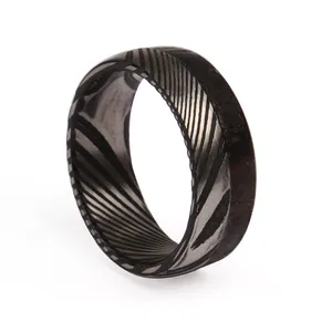 8mm Wood Ring for Men Black Damascus Steel Ring with Enbony Wood Inlay Wedding Bands