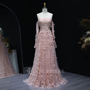Elegante Abito da Sera Rosa Pallido con Fiori 3D Senza Spalline e <span class=keywords><strong>Maniche</strong></span> <span class=keywords><strong>Lunghe</strong></span> per Matrimoni e Feste Arabe Lsz344-1 - Product Image 1