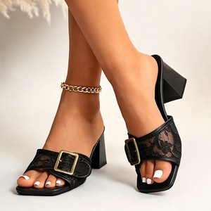 Women Lace Buckle Slide Mule <b>Sandals</b> Square Open Toe Block Heel Slip On Summer <b>Party</b> Slippers - Product Image 2