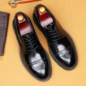 Chaussures habillées brillantes en cuir véritable pour hommes, bout rond, à lacets, semelle extérieure en caoutchouc antidérapante, toutes saisons, couleur unie, chaussures de mariage - Product Image 5