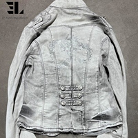 Veste Bomber en Jean Délavé et Teint Sur Mesure LARSUR, Style Napoléon, Coupe Slim, Col Montant, Courte, Type Moto, Veste Hussar en Jean