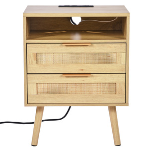 <b>Rattan</b> Nightstand With Drawer Open Shelf Solid Wood Legs Boho <b>Bedside</b> <b>Table</b> Storage Drawers - Product Image 4