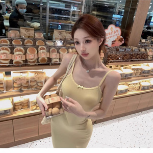 Yellow <b>Spaghetti</b> Strap Bodycon Dress Women Slim Fit Solid Color <b>Long</b> Skirt Party Casual Dresses Natural Waistline Polyester - Product Image 3