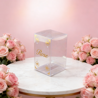 Boîte cadeau transparente écologique avec estampage doré, idéale pour les bouquets de fleurs de savon et les roses fraîches