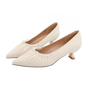 Pointed Toe High <b>Heel</b> Shoes with Thin <b>Heels</b> and Pearls 2026 New Spring Fall Collection French Soft Leather Pleated <b>Low</b> Cut - Product Image 1