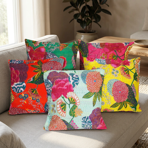 Housse de coussin carrée 16 pouces en coton 100% indien, broderie florale géométrique, artisanat traditionnel ethnique Kantha, décoration intérieure - Product Image 6