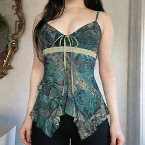 Camisola de punto transpirable y ecológica estilo Y2K con cuello en V, estampado floral en bloques de color, lazo frontal y malla transparente de cintura alta - Product Image 1