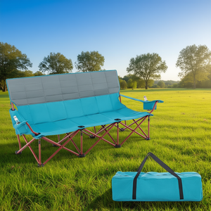 Chaise de camping pliable bleue pour trois personnes avec porte-gobelets, rembourrage en coton, sac de rangement, mobilier de jardin extérieur - Product Image 2