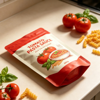 Sachet refermable personnalisé avec trou de suspension et fermeture éclair, sûr pour les aliments, avec encoche de déchirement, pour sauce tomate et pâtes