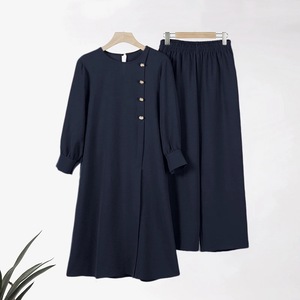 Wholesale Turkey Muslim Suit Modest Set Solid Irregular Long Shirt Wide Leg Pant Women Long <strong>Tunic</strong> <strong>Tops</strong> and Pants - Product Image 5