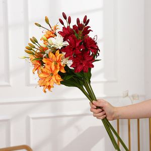 Lys artificiel en soie poly, 3 têtes, pleine floraison, orange, avec 3 bourgeons, pour décoration de vase intérieur, vente en gros directe usine - Product Image 2