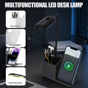 โคมไฟตั้งโต๊ะ LED มัลติฟังก์ชั่นพร้อมที่วางปากกาชาร์จไร้สาย 15W ชาร์จเร็ว โคมไฟตั้งโต๊ะแบบหรี่แสงได้สำหรับอุปกรณ์สำนักงานที่บ้าน - Product Image 2