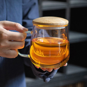 Transparent Glass <b>Tea</b> <b>Infuser</b> Cup With Wooden Lid And Handle Office Use Mushroom Shaped Straight Leg Design Solid Color - Product Image 3