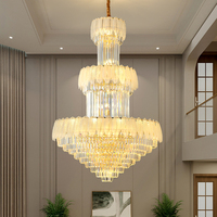 Lustre de villa à deux étages à hauteur réglable personnalisé, abat-jour en cristal, finition dorée LED, garantie de 5 ans pour salon duplex