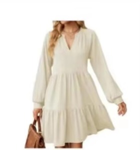JAC22 F24468 Abito da Donna a Maniche Lunghe con Scollo a V, Plissettato, Semplice e alla Moda - Product Image 1