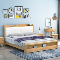 Cadre de lit plateforme en bois avec tête de lit rembourrée et étagère de rangement, lit en chêne clair avec rangement intégré dans le pied du lit
