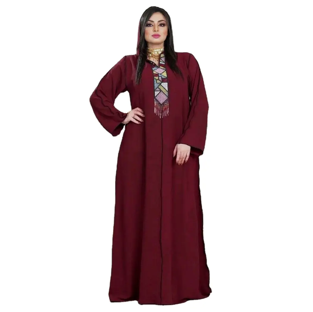 DLR318 pakaian muslim wanita, elegan abaya lengan panjang leher V solid Maxi gamis bordir sederhana Islami kasual hoody