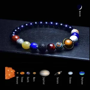 Women Men Universe Galaxy Bangle Stone Bead Charm Bracelet with Guardian Star Representing Eight Nine Planets in Solar System