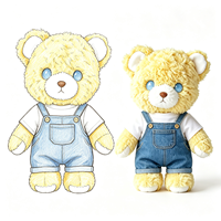 Boneka Beruang Kuning Keriting Custom dengan Overall Denim yang Dapat Dilepas, Mata Biru Lucu, Boneka Beruang Isi Dakron Lembut, Boneka Hewan Beruang Plush