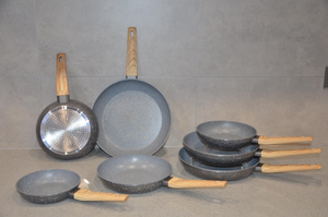 Juego de utensilios de cocina de aluminio forjado con recubrimiento de mármol antiadherente, sartén con tacto suave de madera, superventas - Product Image 2