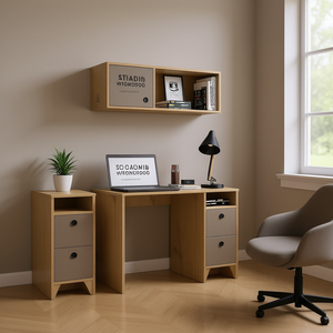 2-<b>Shelf</b> 3-Drawer Office <b>Desk</b> Set Light Oak Taupe Modern Design Home Workspace Furniture - Product Image 2