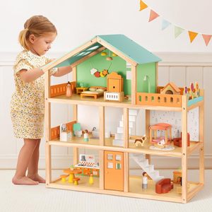 Grande Casa delle Bambole in Legno con 42 Pezzi di Mobili e Accessori di Lusso, Casa delle Bambole a 3 Piani con 6 Stanze, Balcone e Scale in Legno - Product Image 2