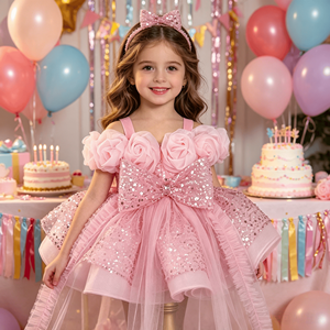 Vestido Mini de Tul con Tirantes Finos para Niñas, Cola Larga, Diadema con Lazo de Lentejuelas a Juego, Disfraz para Boda, Cumpleaños, Concurso, Actuación - Product Image 1