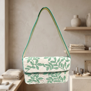 Sage Green Leaf Handcrafted Linen Beaded Luxury Waterproof Eco-Friendly Saddle <b>Shoulder</b> <b>Sling</b> Bag for Women Elegant Evening - Product Image 1