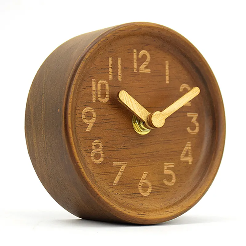 home decorative round shape small mini classic design modern wooden table desk clock