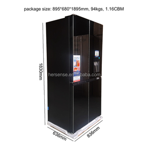 Refrigerador francés negro de 591L con puertas cruzadas, dispensador de agua de vidrio, pantalla táctil LCD, inversor y tanque de almacenamiento de 5L para cocina doméstica. - Product Image 2