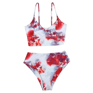 Bikinis y Trajes de Baño de Cintura Alta Personalizados 2025 de Fábrica, Traje de Baño de 2 Piezas con Estampado Digital Geométrico de Frutas y Diamantes, Logotipo Posicionado en la Cintura - Product Image 1
