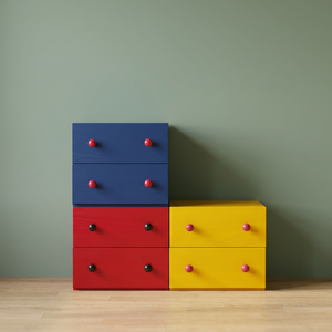 Meuble de rangement moderne modulaire pour salon avec 6 tiroirs en aggloméré, couleurs bleu, rouge, jaune - Product Image 2