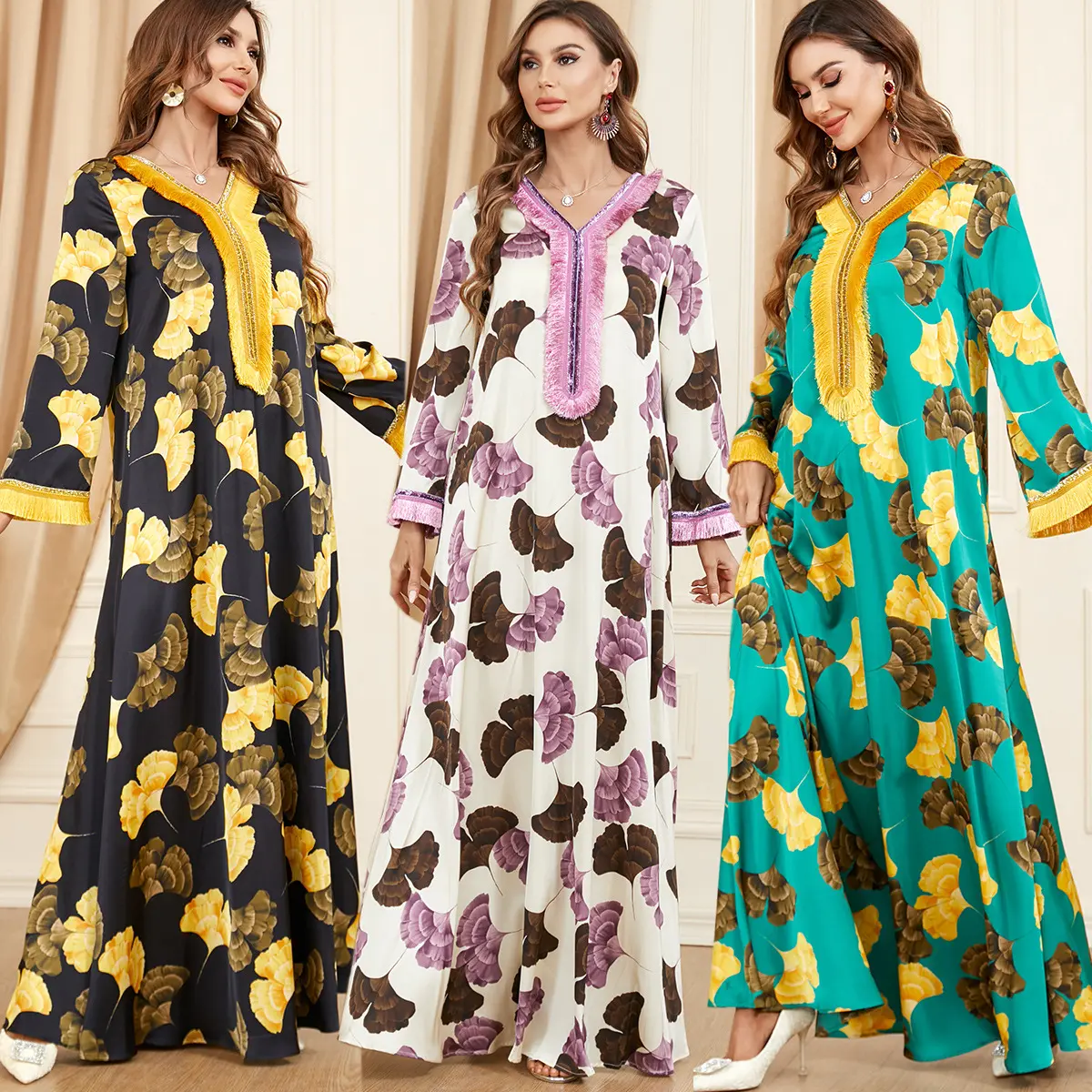 महिलाओं के लिए हॉट सेल टैसल फ्लावर प्रिंटेड मुस्लिम ड्रेस दुबई टर्की स्टाइल अरबी लंबी ड्रेस अबाया मैक्सी ड्रेस