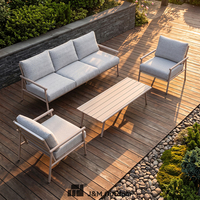 Canapé de jardin J&M Villa 5 places en aluminium moderne et durable avec coussins en acrylique doux, table à lattes et 2 fauteuils, cadre beige